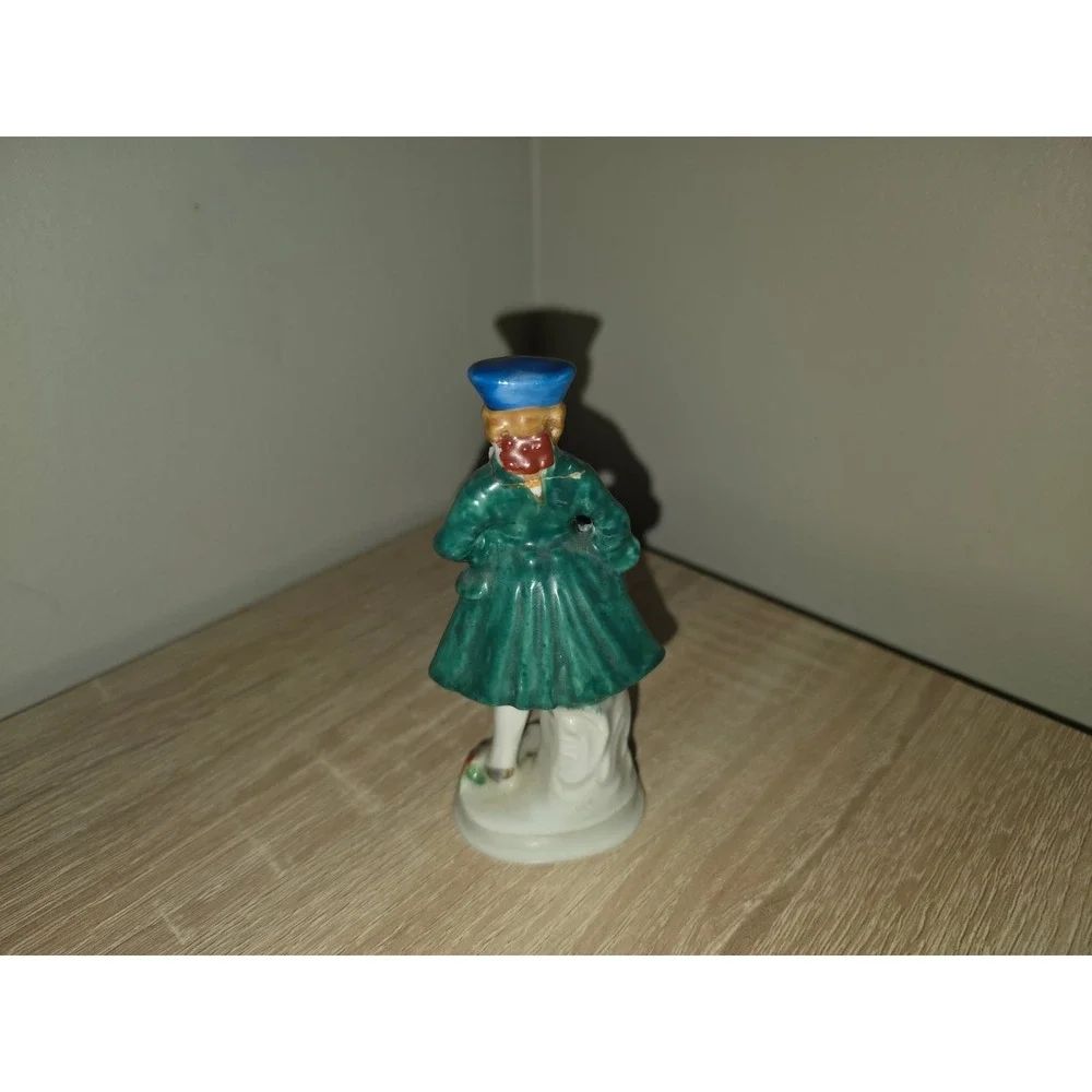 Vintage Occupied Japan Porcelain Gentleman Figurine Green Coat Blue Hat 1940s